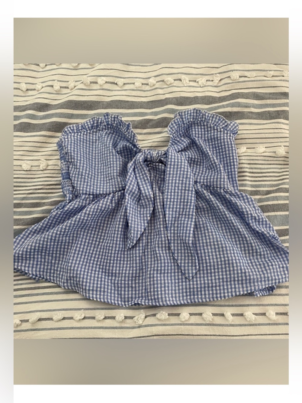 Blue Gingham Tie-Front Strapless Top